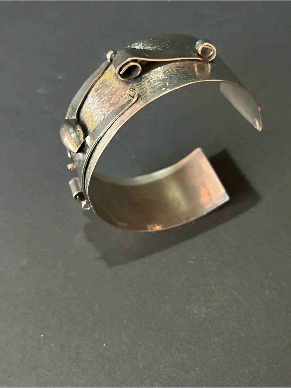 Silvertone Modernist industrial cuff bracelet Sculptural Steampunk